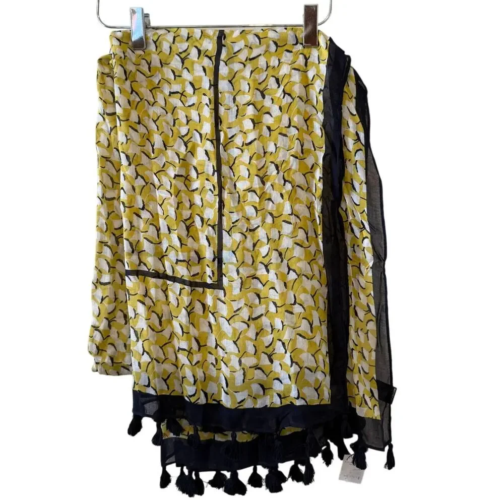 Ann Taylor Soft Travel Scarf Yellow Navy Blue Print Tassel Detail